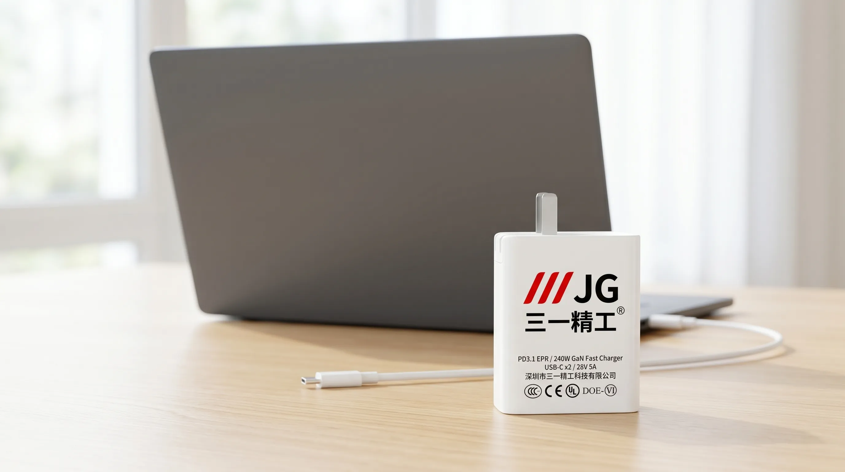 USB-C PD 3.1 EPR 240W GaN 快充给 16 寸笔记本充电的桌面场景