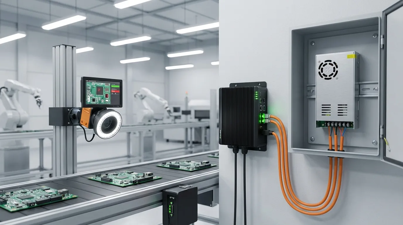 AI visual inspection system on a manufacturing line: industrial camera, edge compute module, and switching power supply