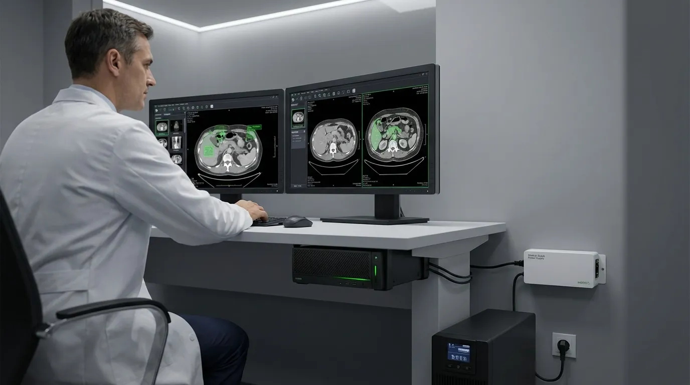 Hospital AI imaging workstation with dual monitors showing CT scan AI analysis, equipped with UPS and medical-grade power supply