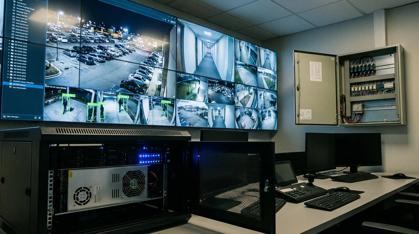 Security monitoring control room with AI NVR server rack, multi-screen surveillance displays, and wall-mounted centralized power distribution box