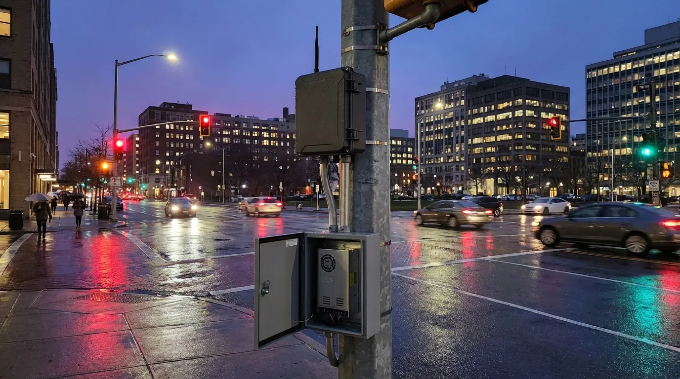 Smart traffic intersection with a roadside computing unit and rainproof power supply cabinet mounted on a signal pole