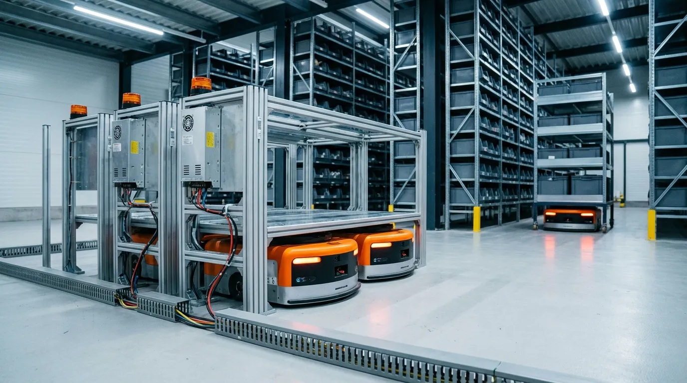 AMR robots docked at a charging station with multiple industrial switching power supplies