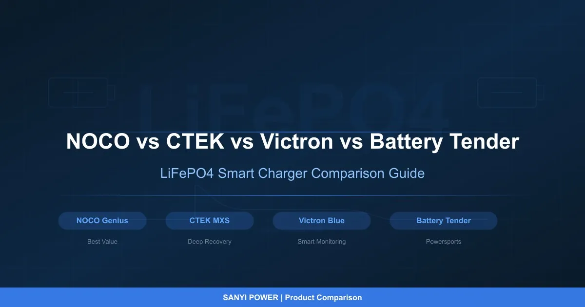 Four LiFePO4 smart chargers from NOCO, CTEK, Victron, and Battery Tender lined up on a workbench next to a lithium iron phosphate battery