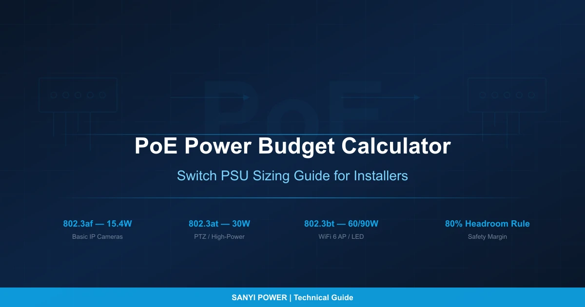 PoE 交换机电源连接多台 IP 摄像头和网络设备，叠加功率预算计算示意