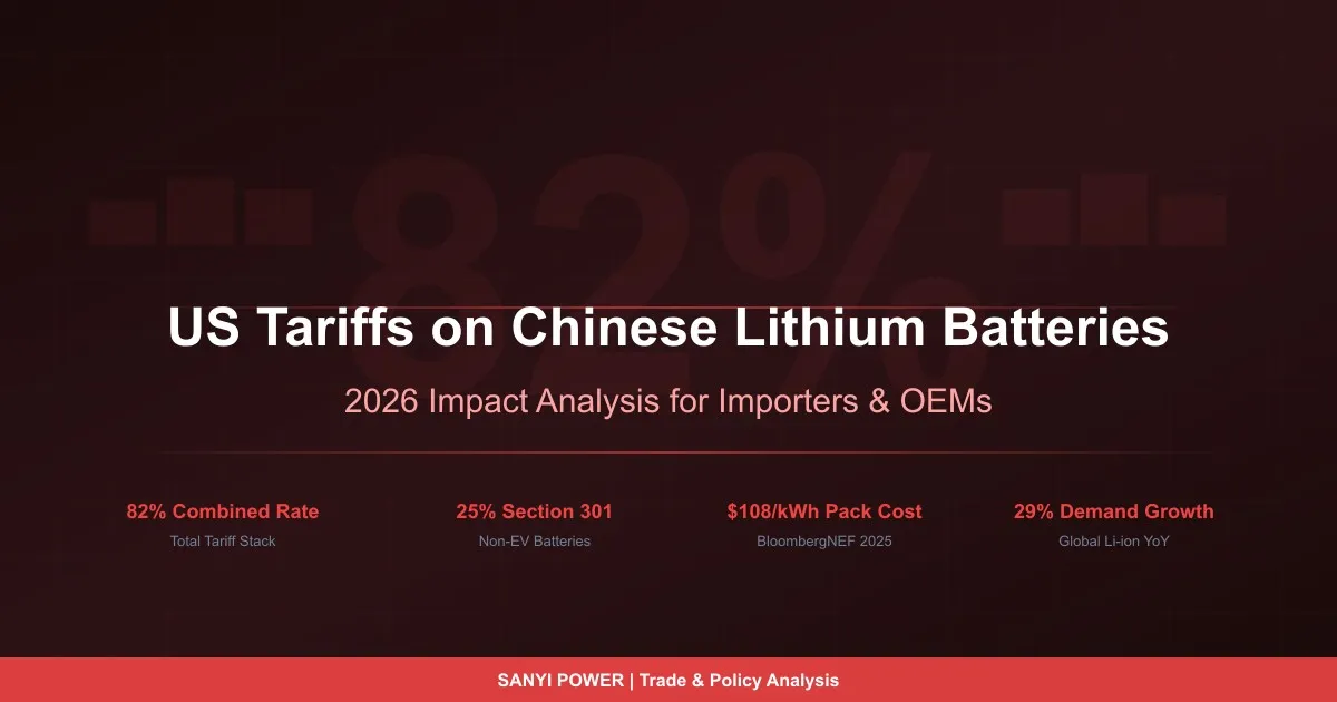 Shipping containers of lithium batteries at a US port with overlaid tariff percentage graphics