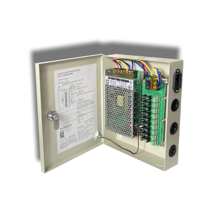 9 路 12V CCTV 监控集中供电箱示意图,内置阀控式铅酸(SLA)7Ah / 12Ah 后备电池位